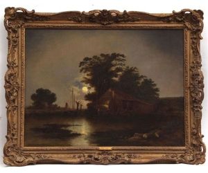 Moonlit River Landscape With Figure By A Cottage, Windmill To Distance by William Henry Crome