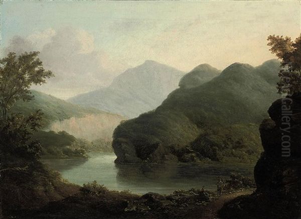 Two Travellers Resting By A Lake, A Mountainous Landscape Beyond - view 1