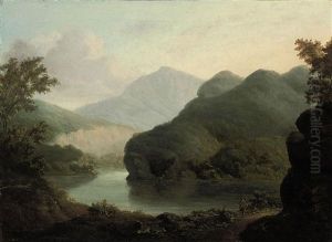 Two Travellers Resting By A Lake, A Mountainous Landscape Beyond by William Henry Crome