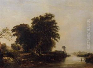 Figures In A Boat By A Windmill In An Extensive Landscape by William Henry Crome