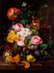 Stilleben Med Blommor, Frukter Och Fagelbo