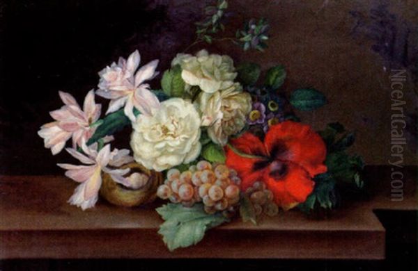 Stilleben Med Blommor, Druvor Och Fagelbo - view 1
