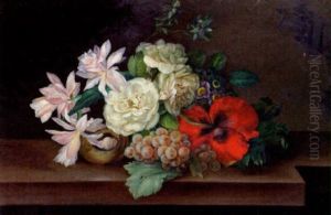 Stilleben Med Blommor, Druvor Och Fagelbo