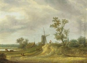A River Landscape With Figures On A Path By A Village