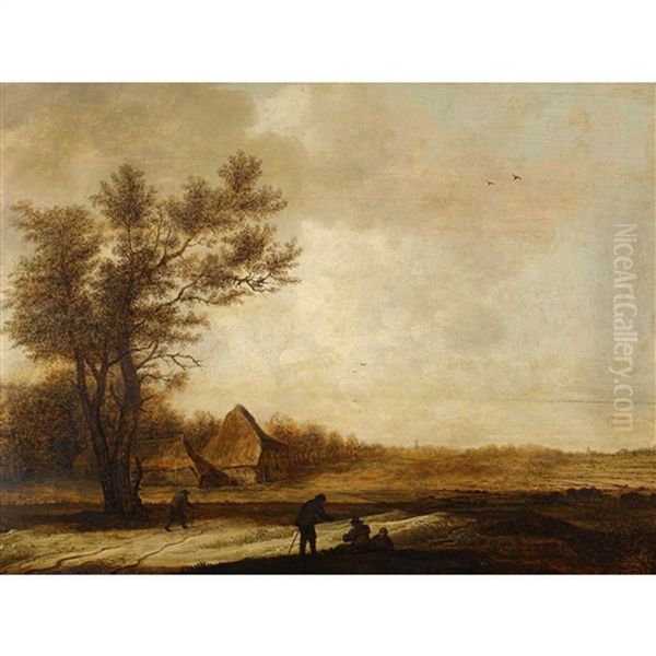 Weite Landschaft Mit Bauernhaus Und Rastenden Bauern - view 1