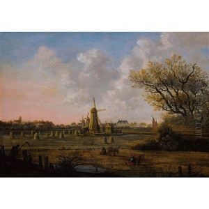 Landschaft Mit Windmuhlen Und Heugarben