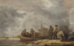A River Landscape With Fishermen Bringing In Their Catch by Anthony Jansz van der Croos