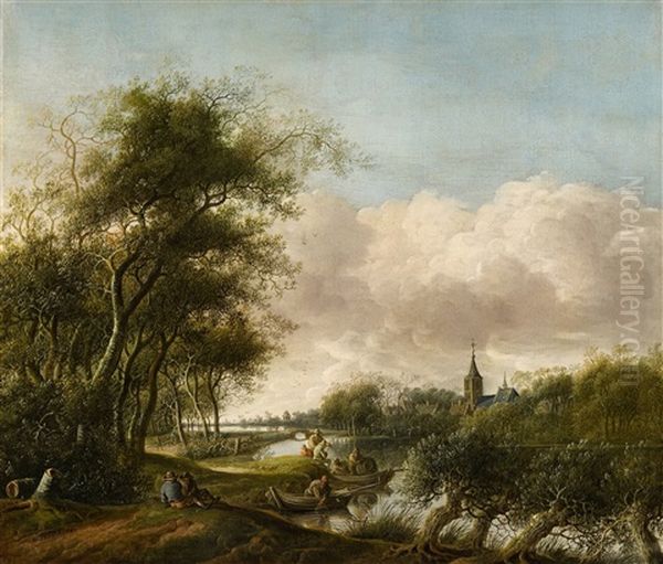 River Landscape With Fishermen - view 1