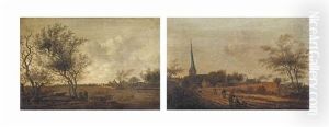 A View Of Leidschendam With Drovers And Their Cattle; And A View Of Rijswijk With The Oude Kerk by Anthony Jansz van der Croos