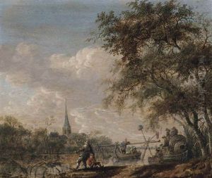 A River Landscape With Fishermen Hauling In Nets, A Village On The River Bank Beyond