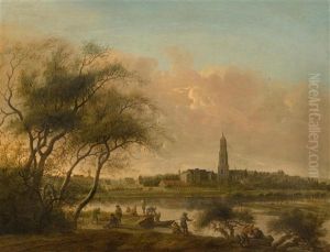 Angler At The Nederrijn With The Town Of Rhenen In The Background