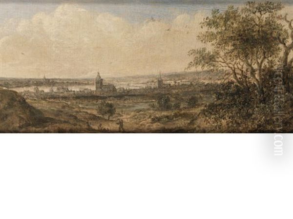 A View Of A Riverside Town (+ An Extensive River Landscape With A Bridge In The Foreground; Pair) - view 1