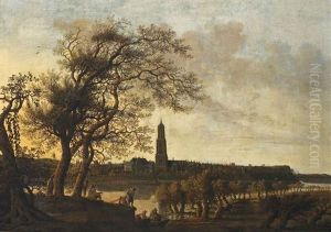 View Of Rhenen With Figures Along The Nederrijn, The Cunerakerk And The Palace Of The Winter King Beyond by Anthony Jansz van der Croos