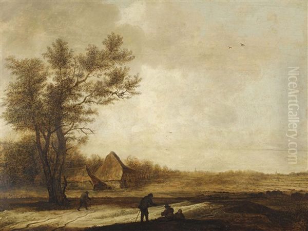 Weite Landschaft Mit Bauernhaus Und Rastenden Bauern - view 1