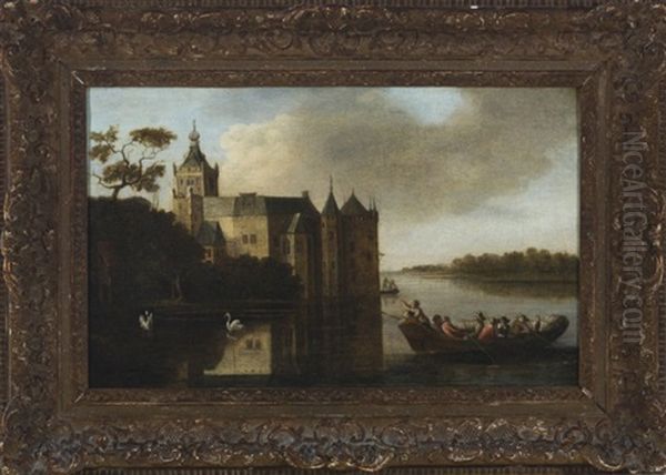 Landscape Of The Castle Montfoort In Utrecht With Figures In The Foreground On A Boat - view 1