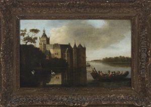 Landscape Of The Castle Montfoort In Utrecht With Figures In The Foreground On A Boat