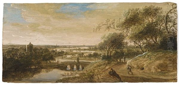 View Of Arnheim With The Eusebiuskerk River Landscape With Bridge And Figural Staffage - view 1