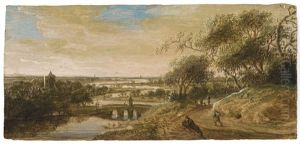 View Of Arnheim With The Eusebiuskerk River Landscape With Bridge And Figural Staffage by Anthony Jansz van der Croos