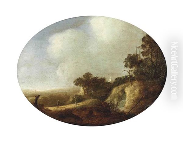 An Extensive Wooded Landscape With Travellers On A Path By A Cascade, A Village And A Church Beyond - view 1