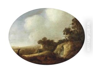 An Extensive Wooded Landscape With Travellers On A Path By A Cascade, A Village And A Church Beyond
