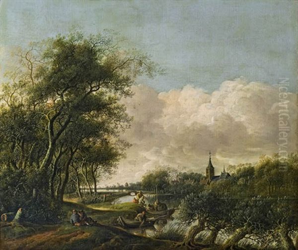 Flusslandschaft Mit Fischern Und Einem Dorf Im Hintergrund - view 1