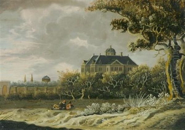 Two Figures Outside A Grand Mansion And Walled Garden - view 1