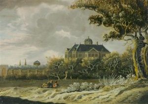 Two Figures Outside A Grand Mansion And Walled Garden