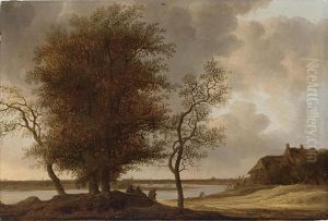A River Landscape With Figures Resting Under A Tree, A Farmhouse To The Right, A Town In The Distance by Anthony Jansz van der Croos