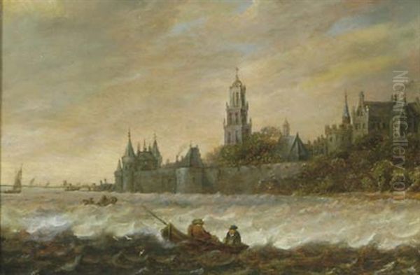 A River Landscape With Fishermen In A Boat, A View Of Rhenen Beyond - view 1