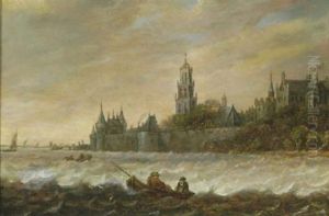 A River Landscape With Fishermen In A Boat, A View Of Rhenen Beyond by Anthony Jansz van der Croos