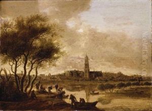 A View Of Rhenen Seen From The South Bank Of The Nederijn, Fishermen Unloading Their Catch In The Foreground