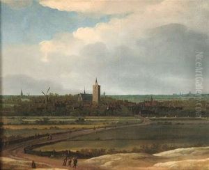 Blick Auf Eine Hollandische Stadt Mit Gotischen Kirchen Und Windmuhlen