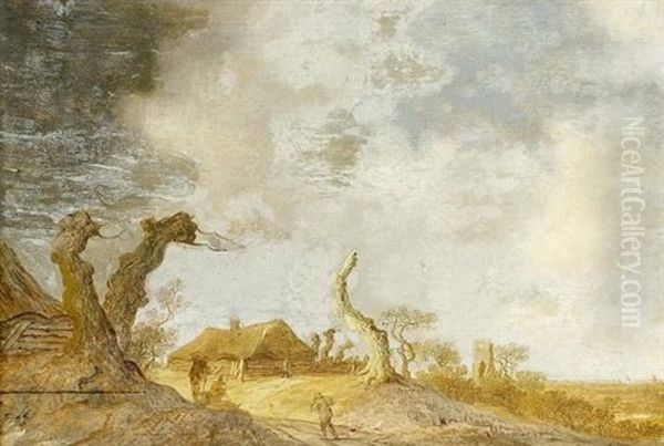 A Dune Landscape With Figures Conversing Near Tree Trunks, A Farm Beyond - view 1
