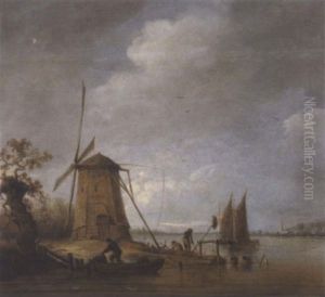 Hollandische Flusslandschaft Mit Einer Windmuhle Und Booten by Anthony Jansz van der Croos