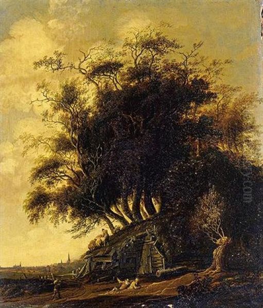 A Wooded Landscape With Figures Thatching A Barn, A View Of A Town Beyond - view 1