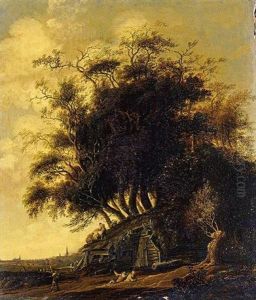 A Wooded Landscape With Figures Thatching A Barn, A View Of A Town Beyond by Anthony Jansz van der Croos