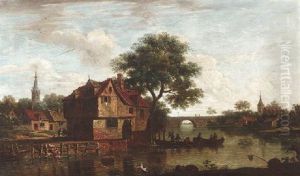 Kanallandschaft Mit Fahrboot, Brucke Und Angrenzenden Hausern by Anthony Jansz van der Croos