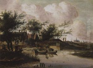 A River Landscape With A Fishermen Hauling In Their Catch Near A Village, A View Of Haarlem With The St Bavo Beyond