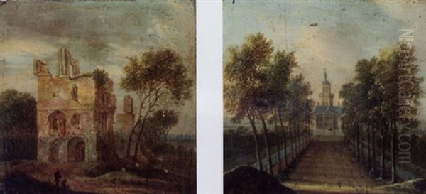Figures Resting On A Path Before A Ruined Tower - view 1