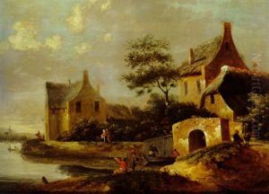 Village On The Banks Of A River With Figures Village On The Banks Of A River With Figures