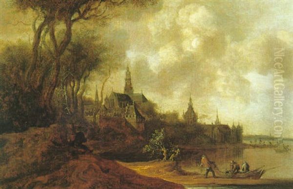 Pecheurs Aux Abords D'une Ville Fluviale Hollandaise - view 1