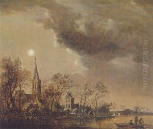 A River Landscape With A Fishing Boat Near A Village By Moonlight