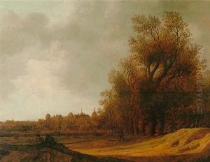 A River Landscape With A Town On The Outskirts Of The Hague Beyond, Two Bell-towers Visible On The Horizon by Anthony Jansz van der Croos