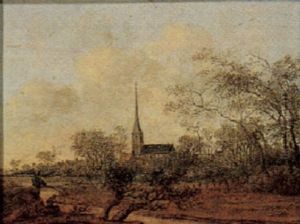 Voorhout: The Church Spire Seen Rising Above The Trees, With Fishermen In The Foreground