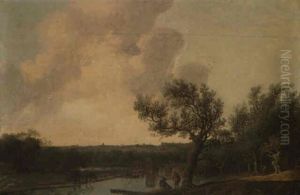 River Landscape With Figures In The Foreground , A Bridge Beyond by Anthony Jansz van der Croos
