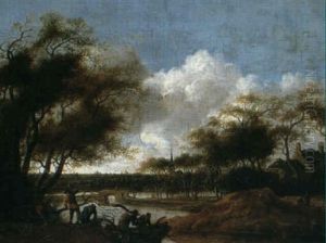 Flodlandskap Med Arbetande Man I Bat by Anthony Jansz van der Croos
