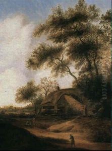 Landskap Med Byggnad Och Figurer