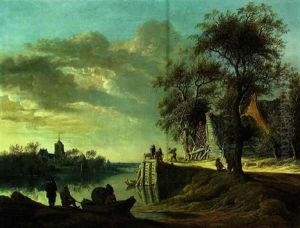 Flusslandschaft Mit Bauernhausern Und Figuren by Anthony Jansz van der Croos