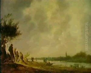Flusslandschaft Mit Fischern Im Hintergrund Eine Stadt by Anthony Jansz van der Croos