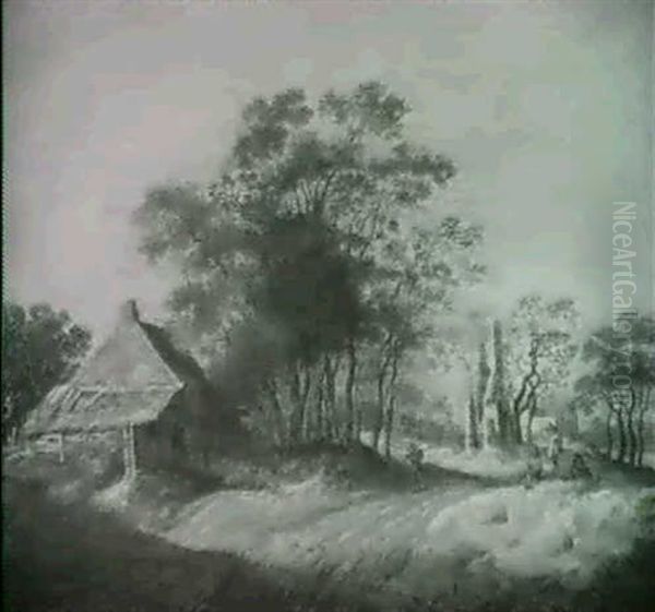 Travellers Resting On A Dune By A Path Near A Cottage, Ruinsbeyond - view 1